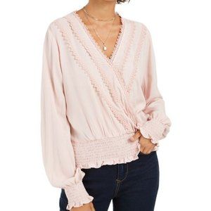 Juniors' Lace-Trim Smocked Surplice Top